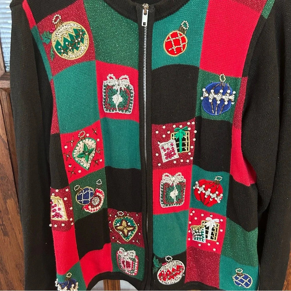 Victoria Jones Women's Medium Patchwork Christmas Holiday Sweater Embellished - Picture 3 of 11